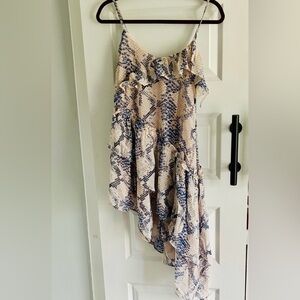 Olivaceous Asymmetrical Ruffled Snake Print Slip Dress - Blue & Cream medium